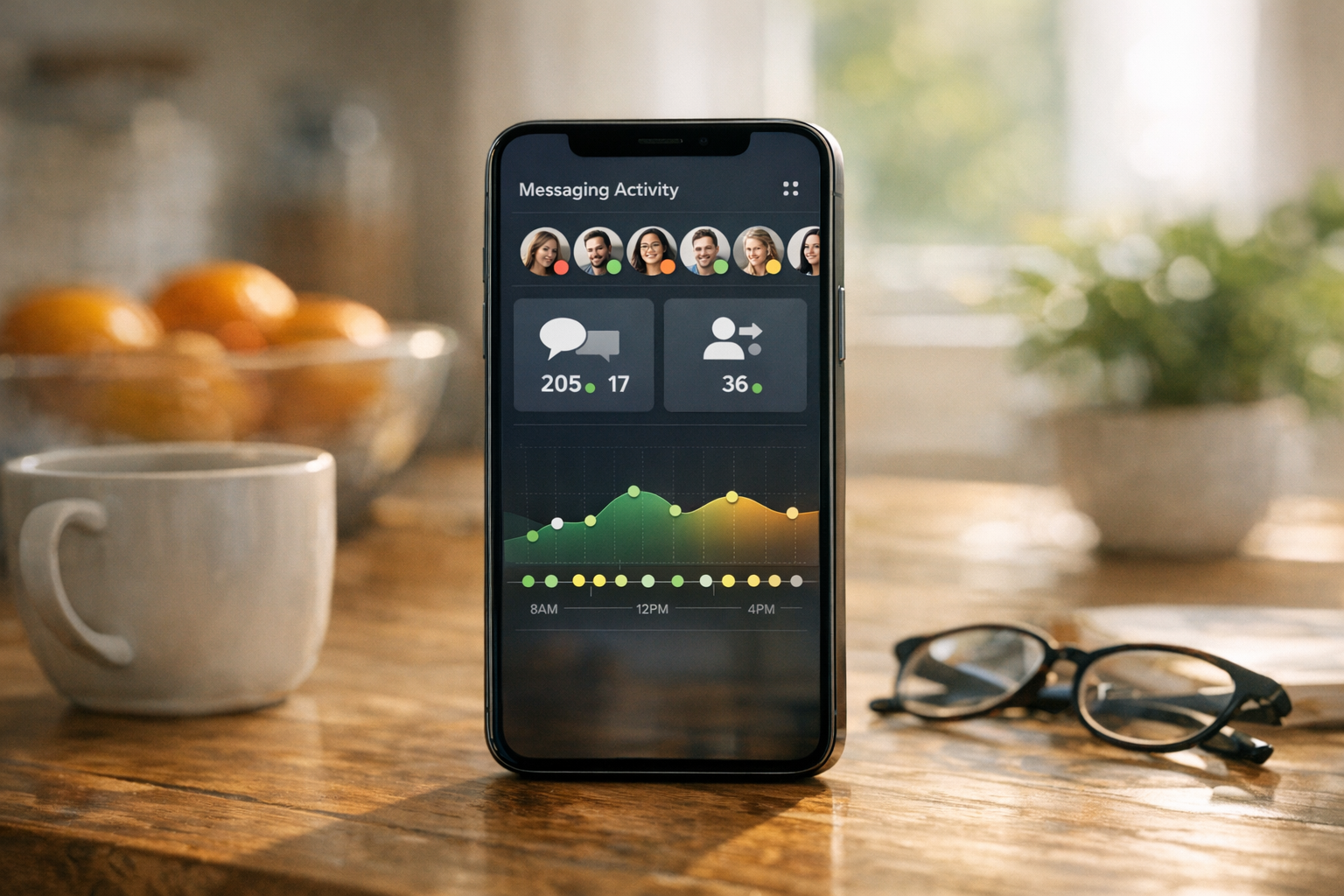 Egy valósághű okostelefon egy konyhaasztalon, rajta egy általános üzenetküldési aktivitási irányítópulttal...