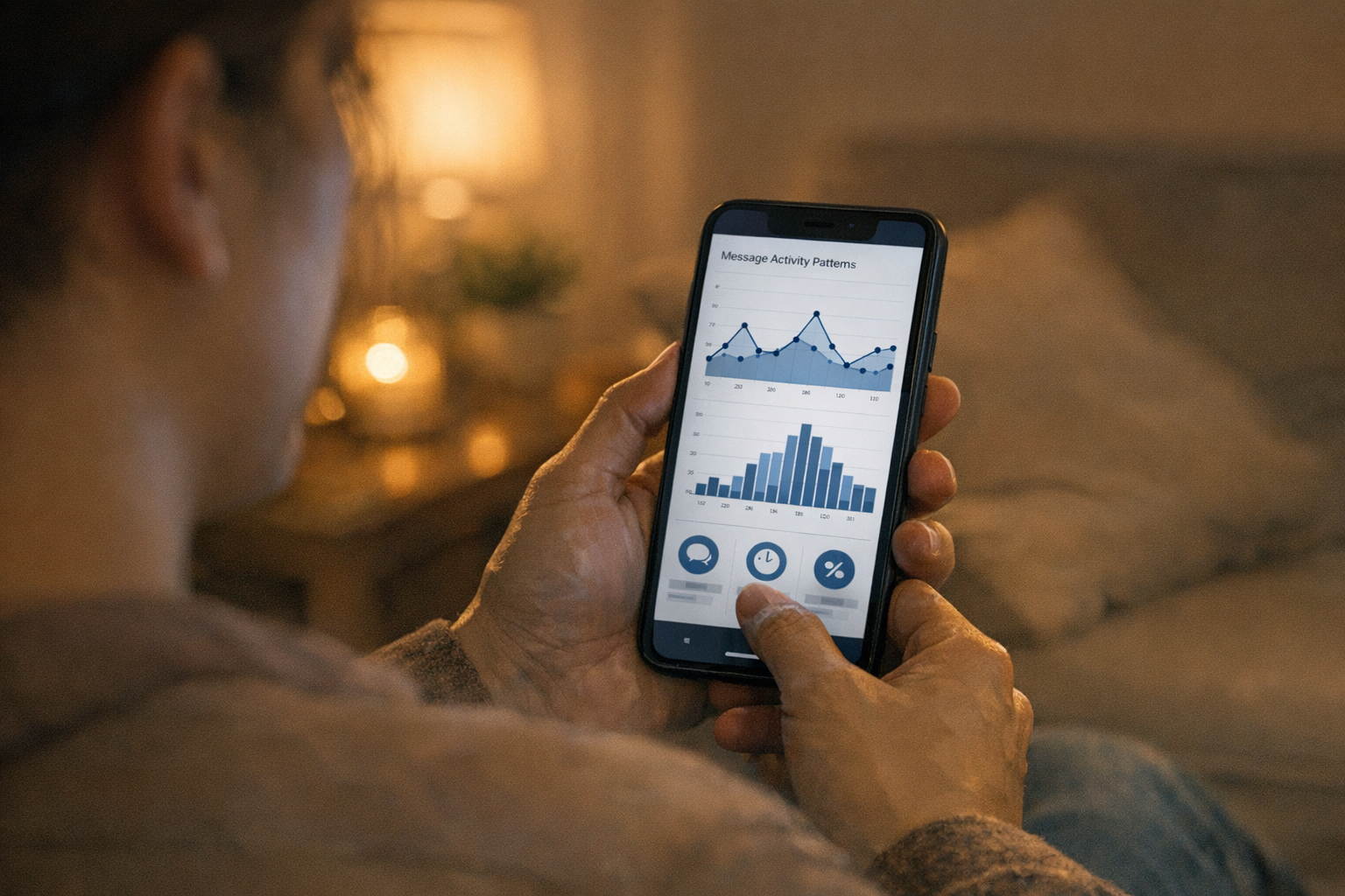 Close-up realistis seseorang yang meninjau pola aktivitas pesan di ponsel saat d...