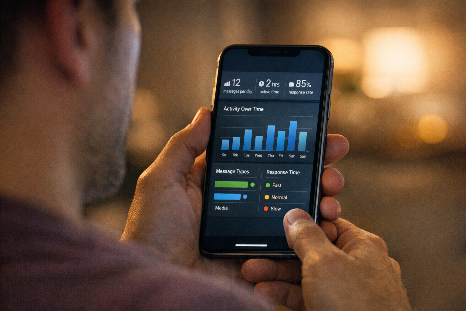 夜の自宅で、人物がスマートフォンでメッセージ利用パターンを確認している様子のリアルなクローズアップ。やわらかな室内照明、チャートやステータスドットが見える汎用的...