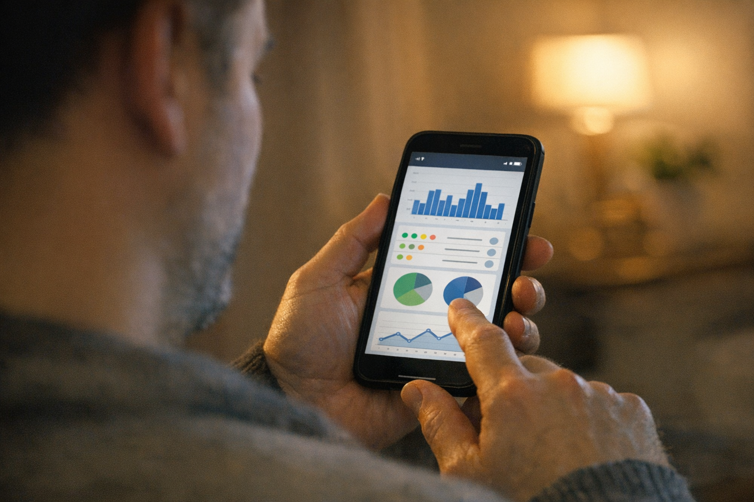 Et realistisk nærbillede af en person, der gennemgår mønstre i beskedaktivitet p...