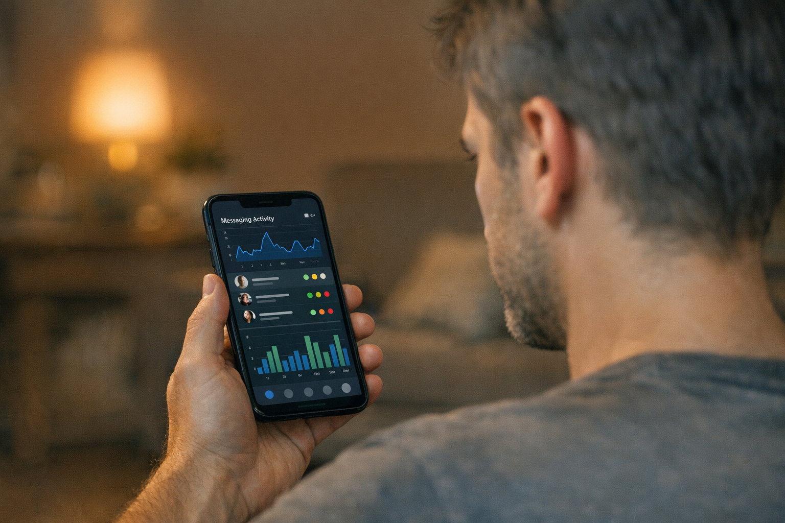 शाम के समय घर में बैठा एक व्यक्ति फोन पर मैसेजिंग एक्टिविटी पैटर्न देख रहा है, उ...