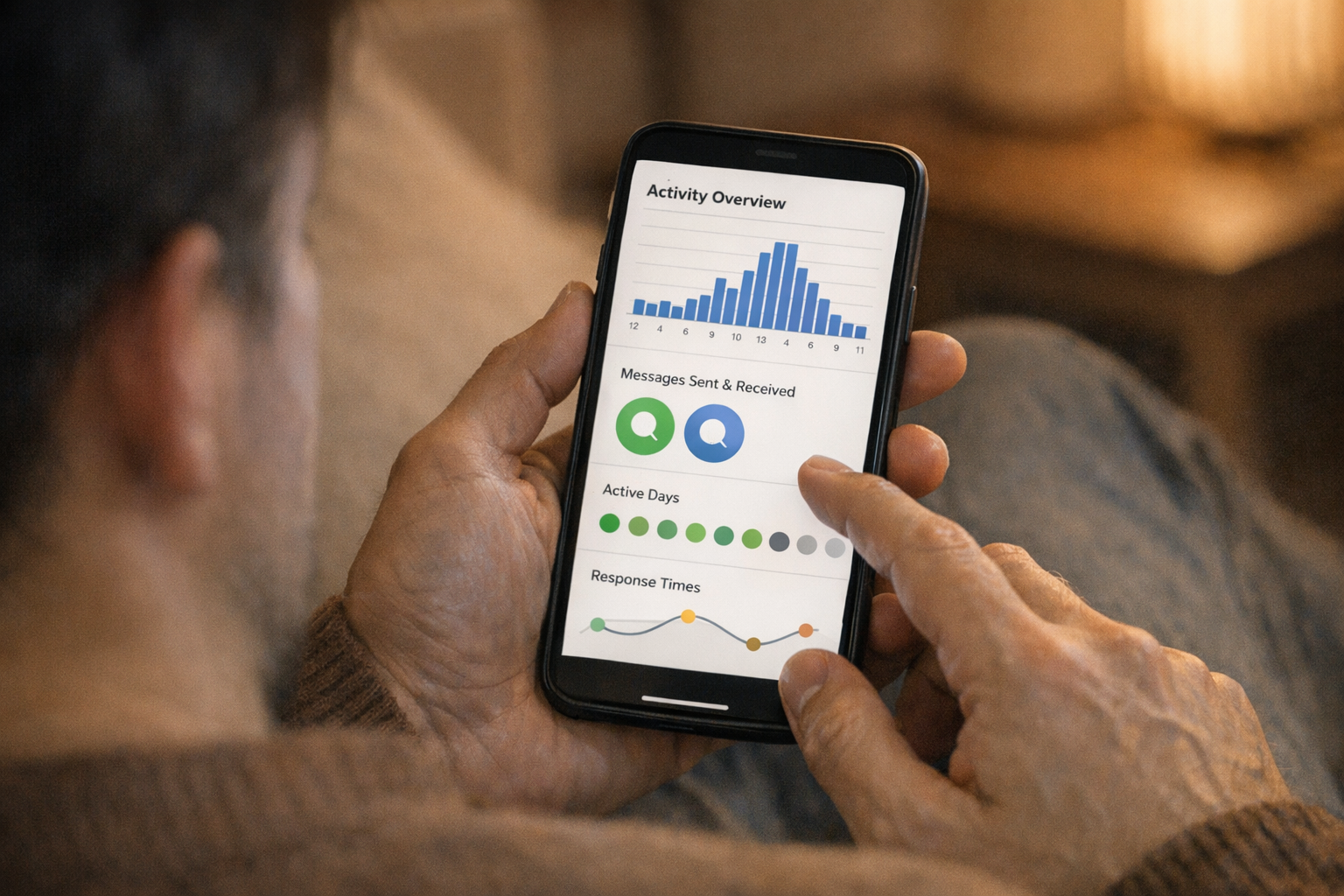 저녁 시간 집 안에 앉아 스마트폰으로 메신저 활동 패턴을 확인하는 사람의 사실적인 클로즈업, 부드러운 실내 조명, 차트와 상태 점이 보이는 깔끔...