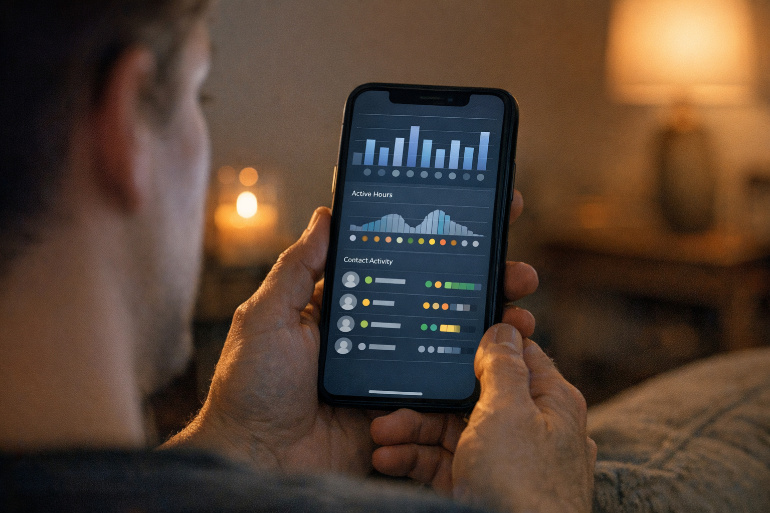 En realistisk närbild av en person som hemma på kvällen granskar aktivitetsmönst...