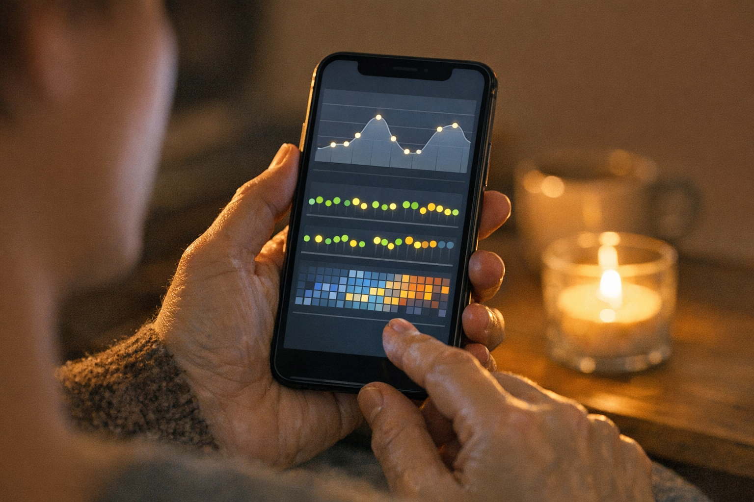 Eine realistische Nahaufnahme einer Person, die abends zu Hause Aktivitätsmuster...