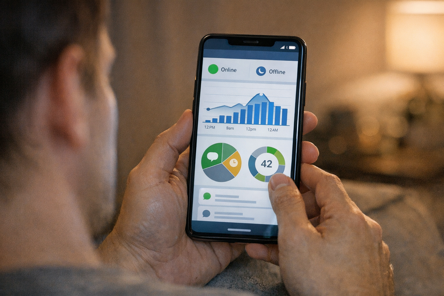 Close realista de uma pessoa analisando padrões de atividade em aplicativos de m...