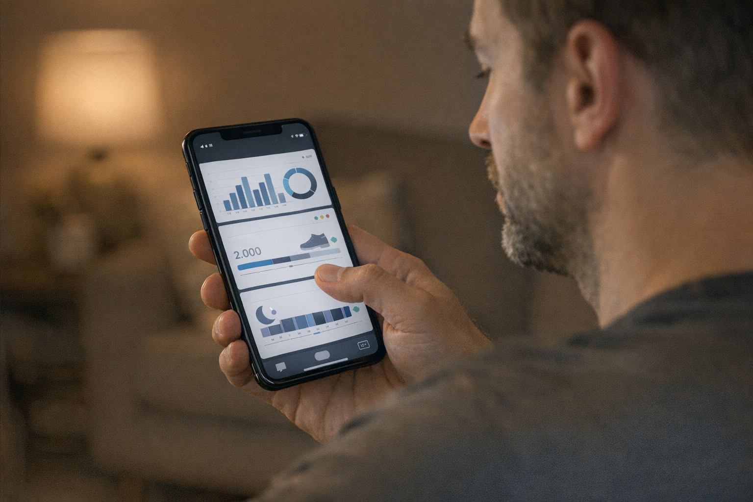 Реалистичный крупный план человека, который вечером дома просматривает шаблоны а...