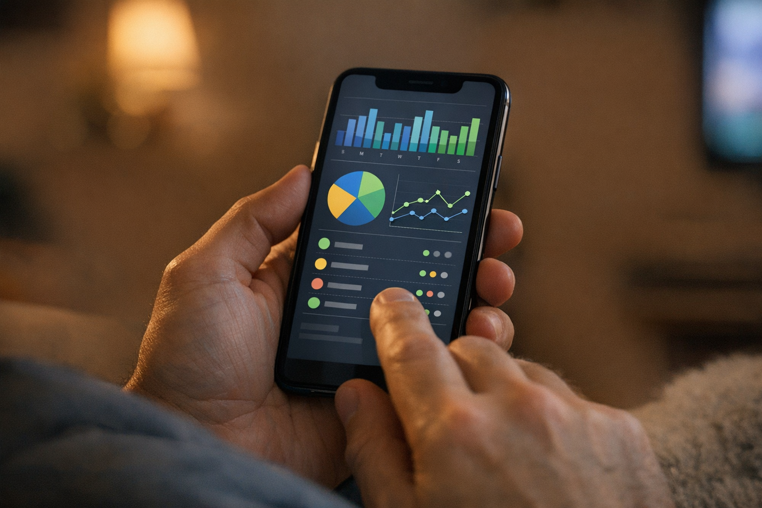 لقطة قريبة واقعية لشخص يراجع أنماط نشاط تطبيقات المراسلة على هاتفه أثناء الجلوس ...