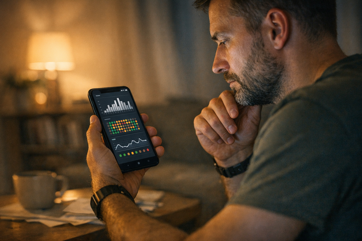 Valósághű közeli jelenet egy emberről, aki este otthon ülve telefonon üzenetküld...