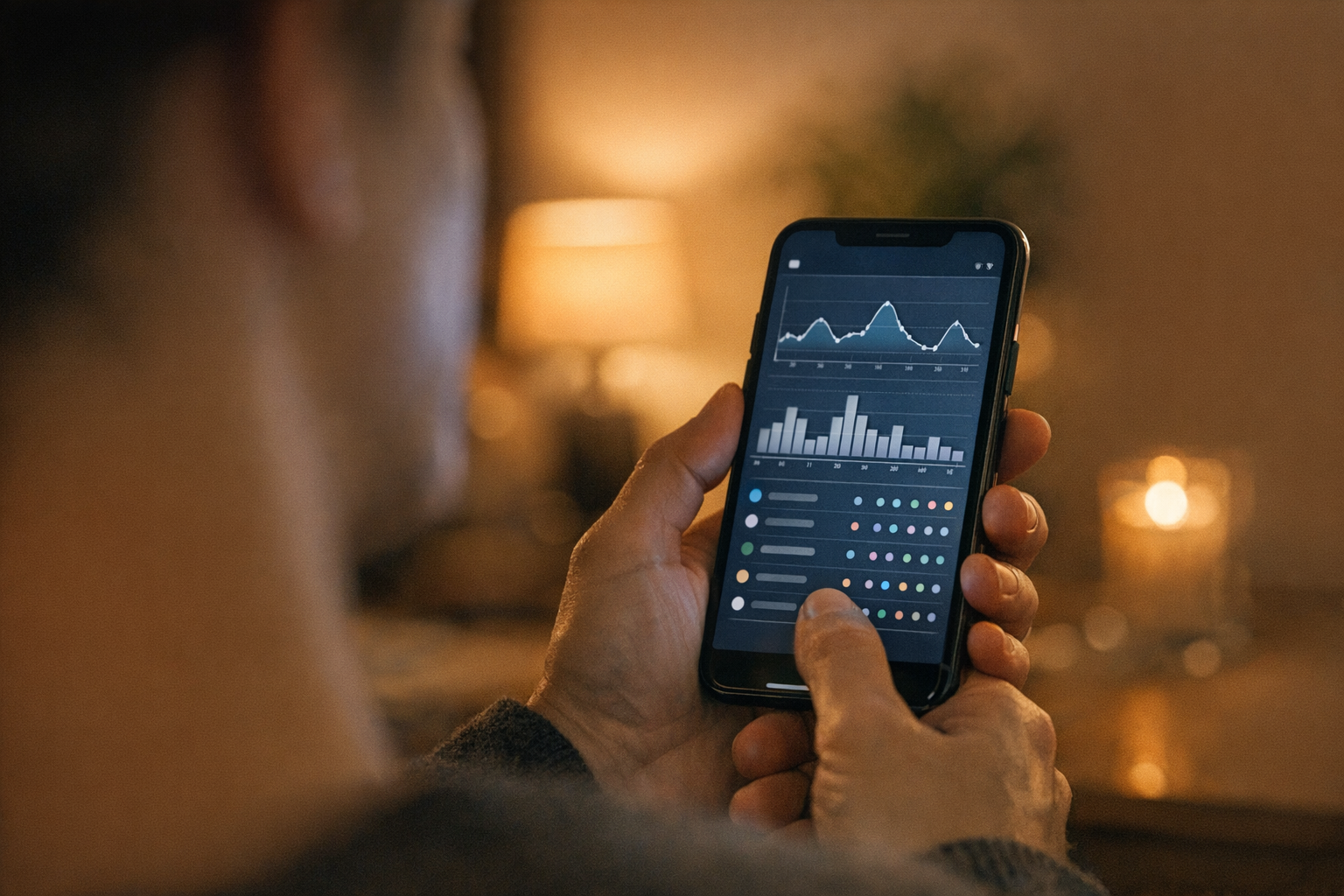 Een realistische close-up van iemand die thuis in de avond activiteits­patronen ...