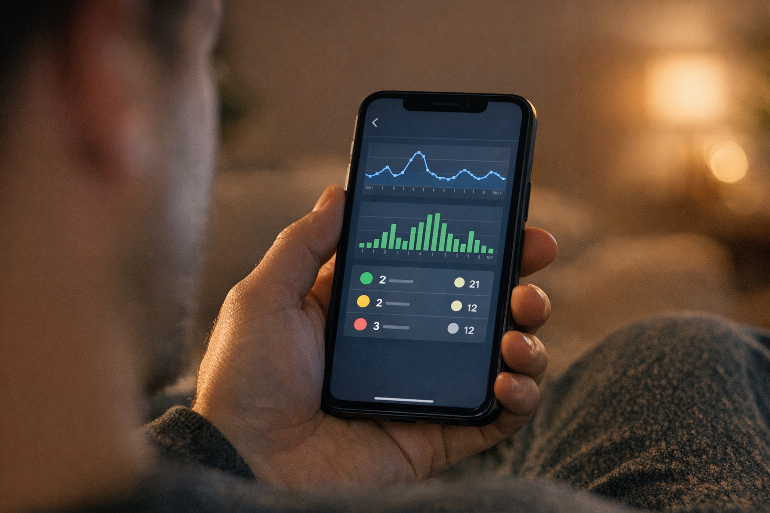 Realistyczne zbliżenie osoby przeglądającej wzorce aktywności w komunikatorze na...