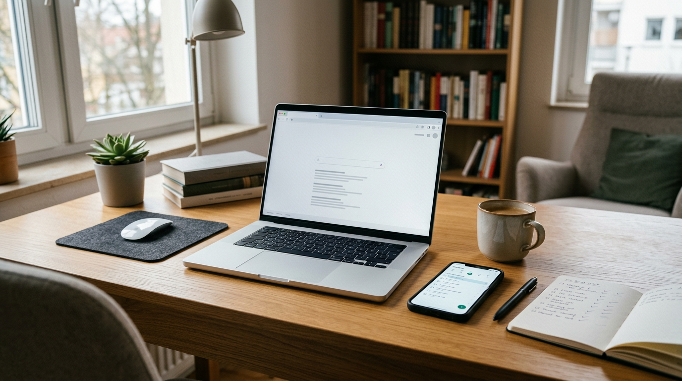 브라우저 창이 열린 노트북과 스마트폰이 놓인 자연스러운 홈 오피스 장면