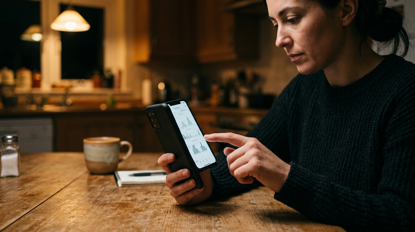 저녁 시간 주방 테이블에 앉아 스마트폰으로 메신저 활동 패턴을 확인하는 현실적인 장면