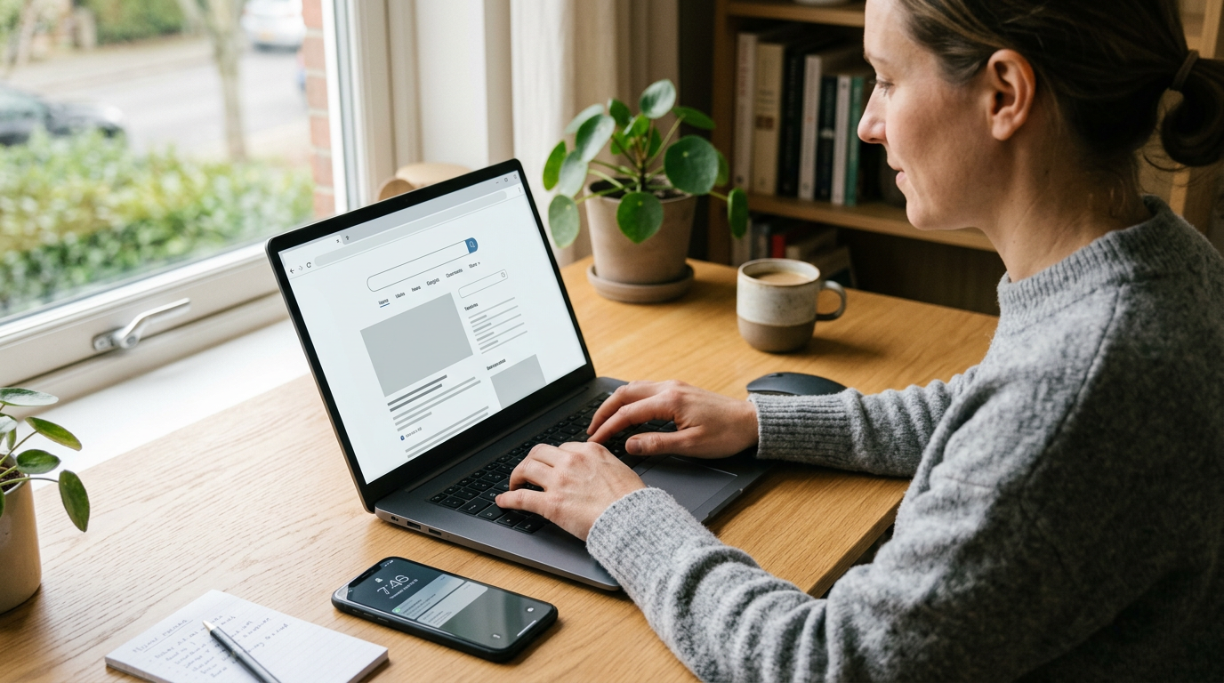 Authentische Homeoffice-Szene mit einem Laptop, der ein generisches Browserfenst...