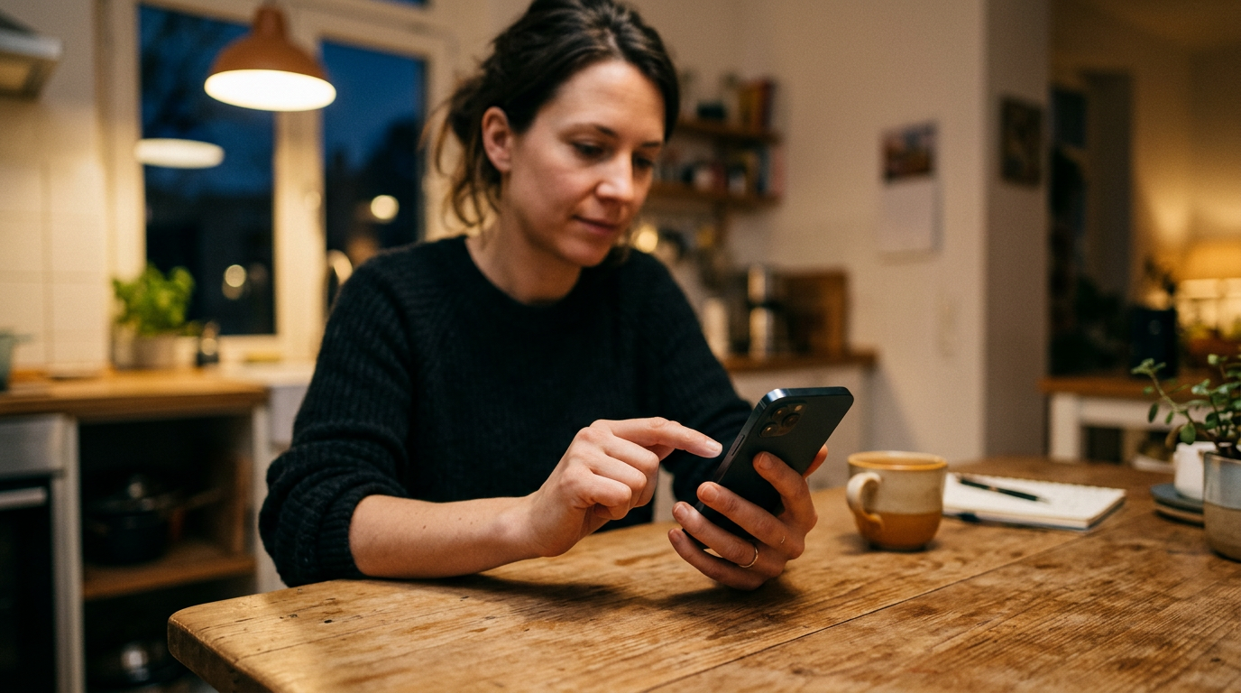 Realistische Szene einer Person, die am Abend an einem Küchentisch Aktivitätsmus...
