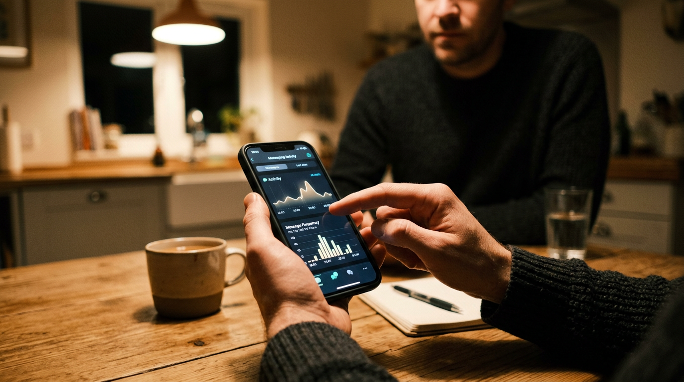 مشهد واقعي لشخص يراجع أنماط نشاط المراسلة على هاتف ذكي أثناء جلوسه إلى طاولة مطب...