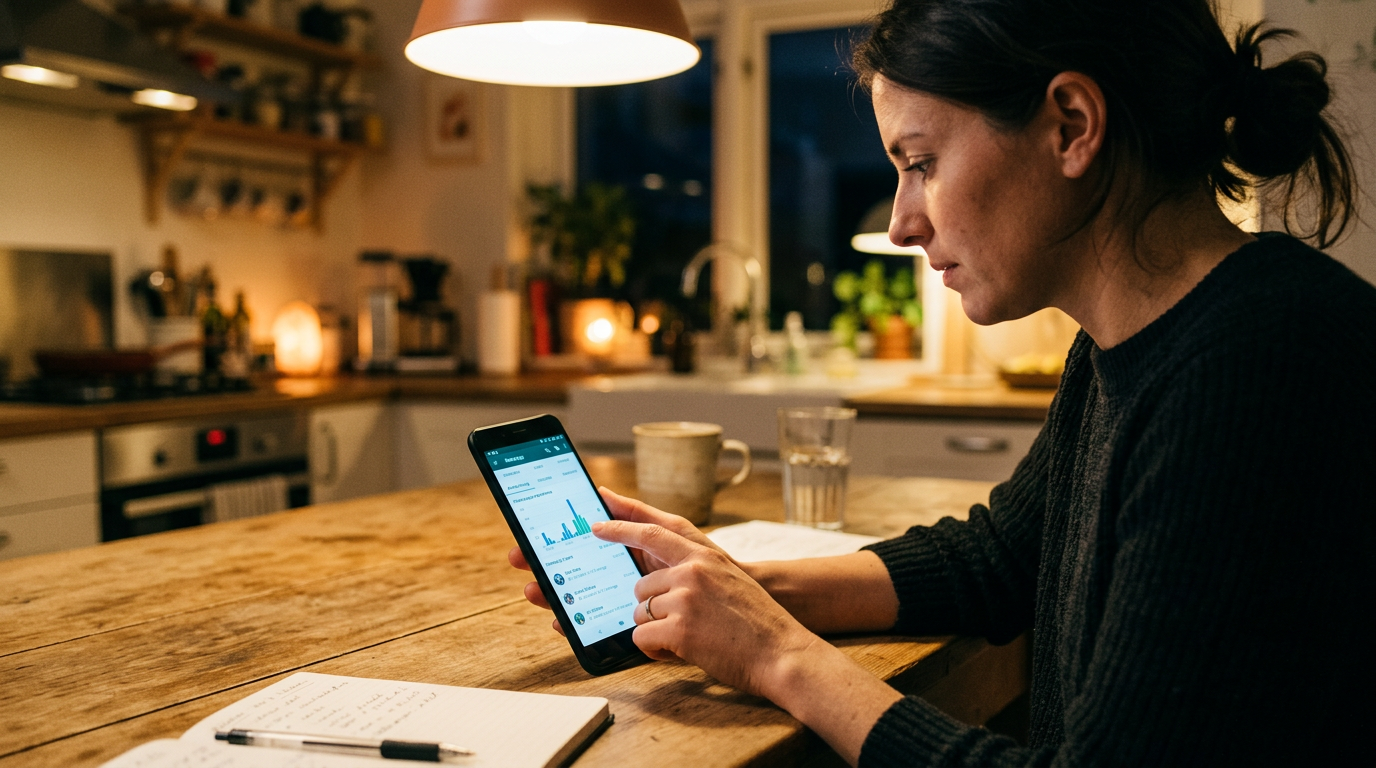Cena realista de uma pessoa analisando padrões de atividade em apps de mensagens...