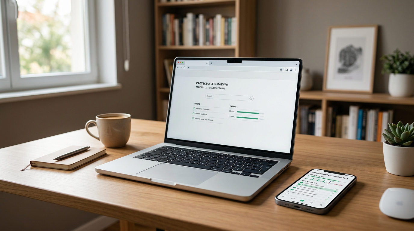 Escena auténtica de oficina en casa con un portátil abierto en una ventana genér...