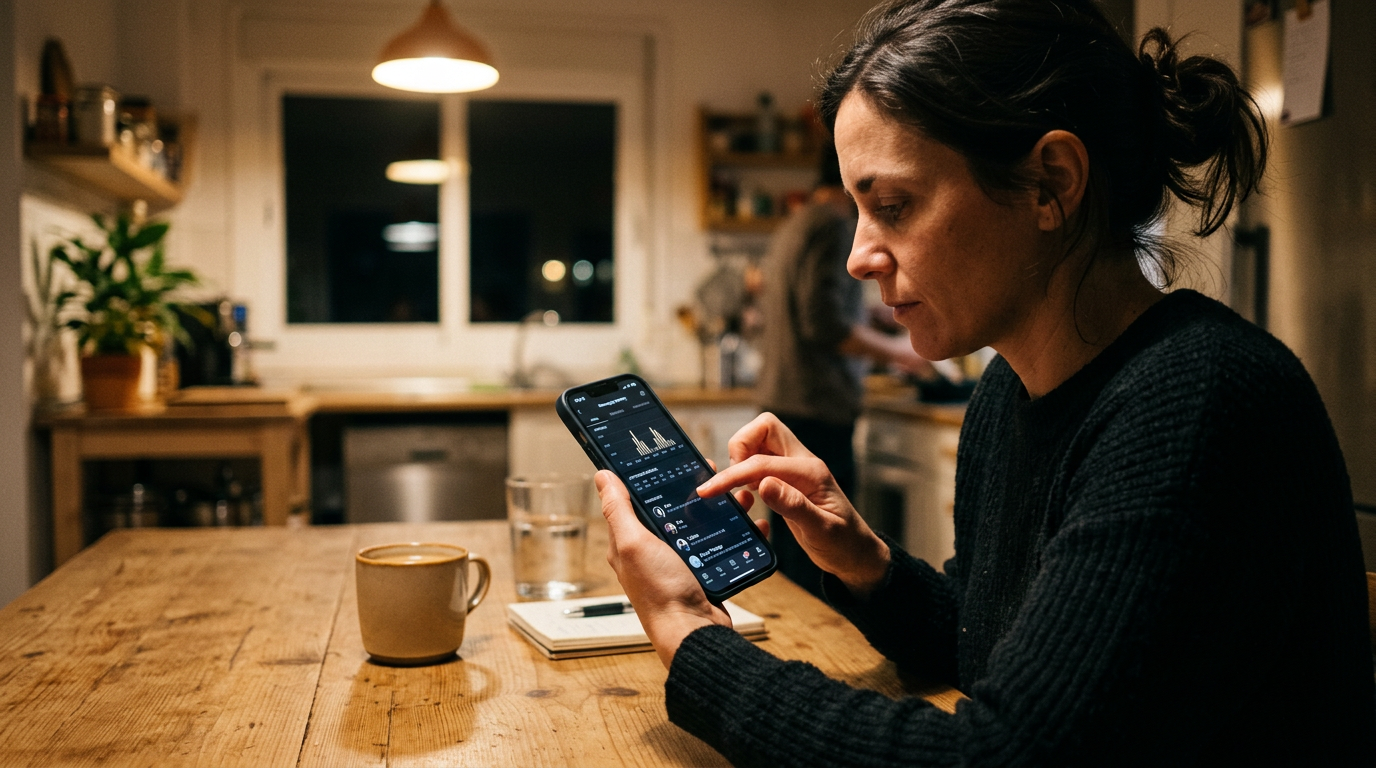 Escena realista de una persona revisando patrones de actividad de mensajería en ...