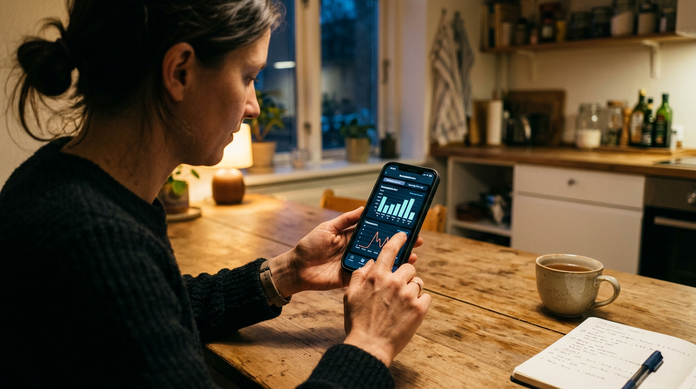 Realistisk scene af en person, der gennemgår mønstre i beskedaktivitet på en sma...