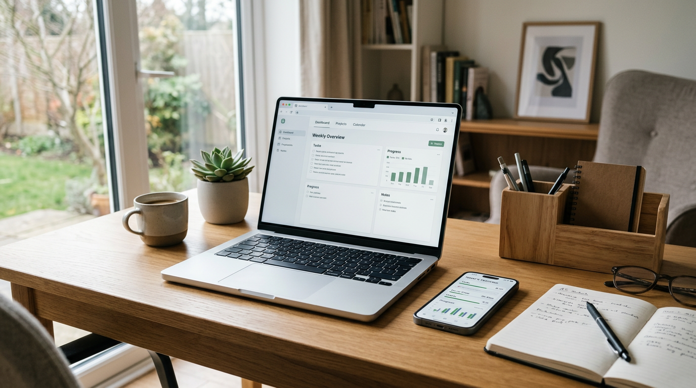 Autentisk hjemmekontor med en bærbar computer åben til et generisk browservindue...