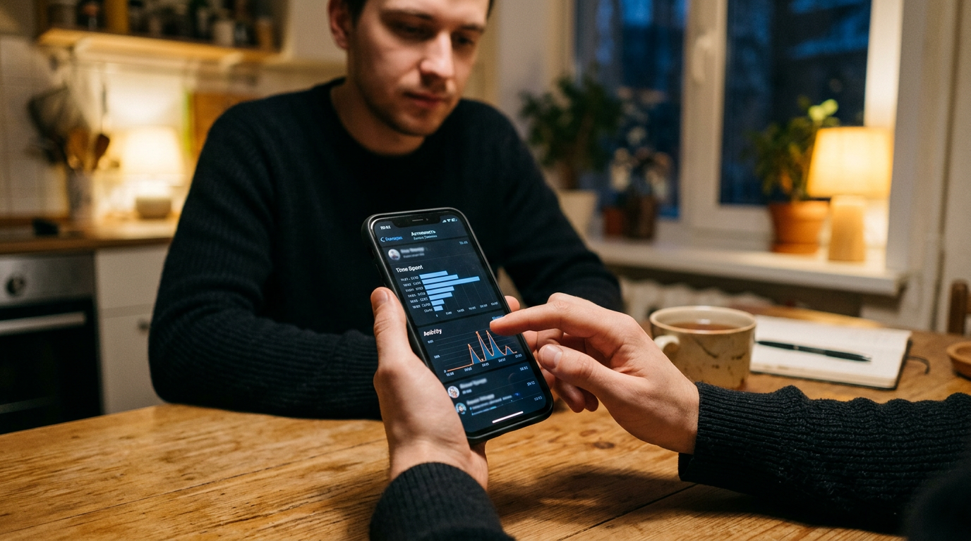 Реалистичная сцена: человек вечером за кухонным столом просматривает паттерны ак...