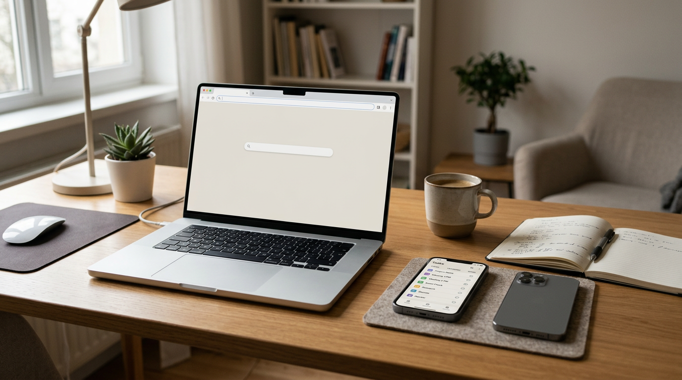 Аутентичная сцена домашнего офиса: ноутбук с открытым нейтральным окном браузера...