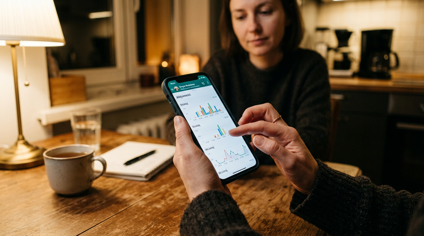 Realistyczna scena osoby przeglądającej wzorce aktywności w komunikatorze na sma...