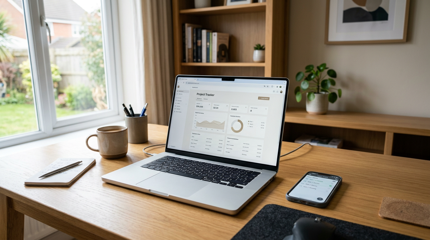 घर के ऑफिस का प्रामाणिक दृश्य जिसमें एक लैपटॉप पर सामान्य ब्राउज़र विंडो खुली हो...