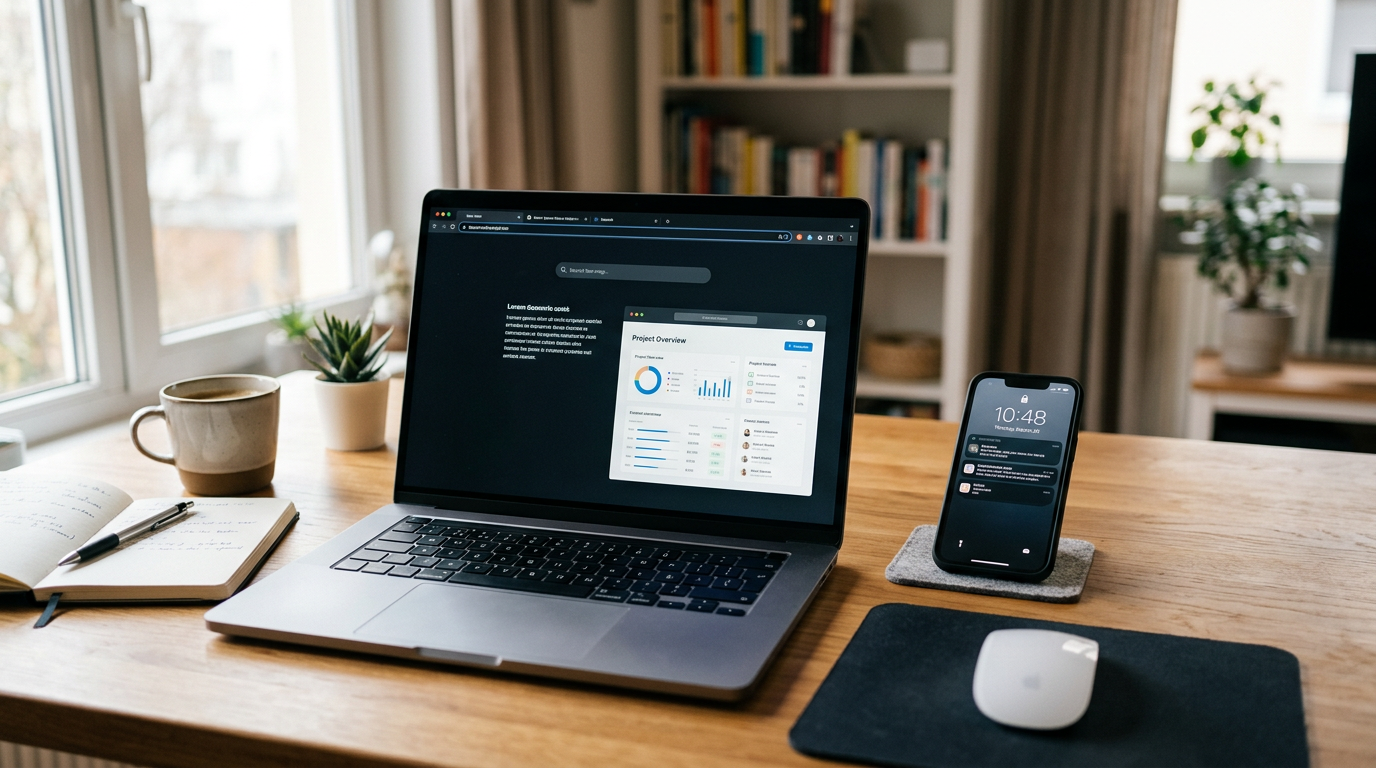 Autentica scena di home office con un portatile aperto su una finestra generica ...