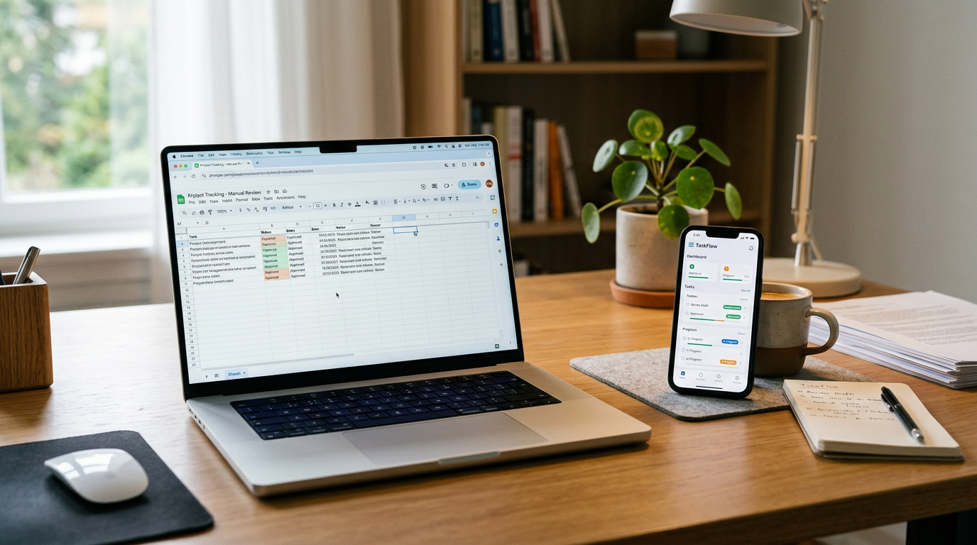 一般的なブラウザ画面を開いたノートPCと、その横に置かれたスマートフォンがある、自然なホームオフィスの風景。手動確認と整理された追跡の対比を表現する。リアルな照...