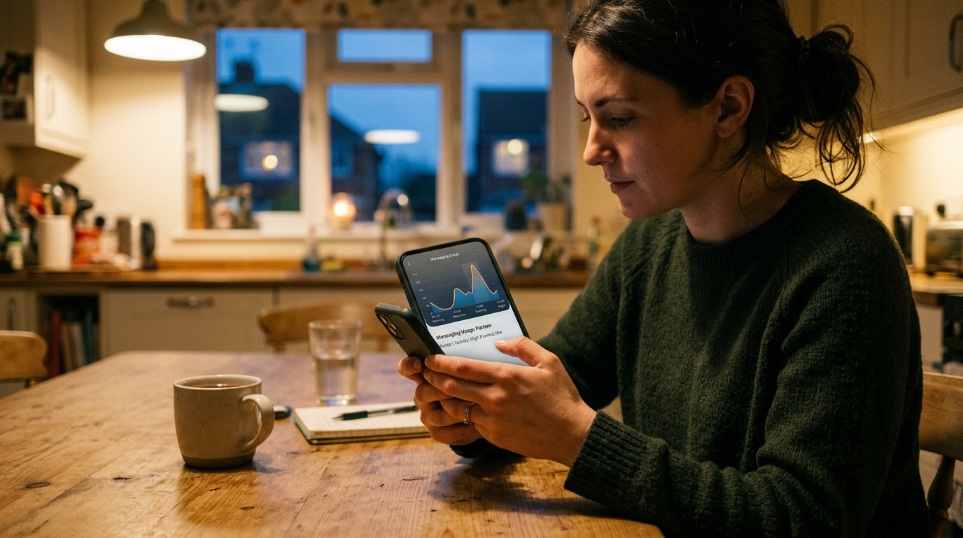 夕方のキッチンテーブルに座り、スマートフォンでメッセージ利用パターンを確認している人物のリアルなシーン。手元と端末に焦点を当て、前面スクリーンには時間帯の推移が...