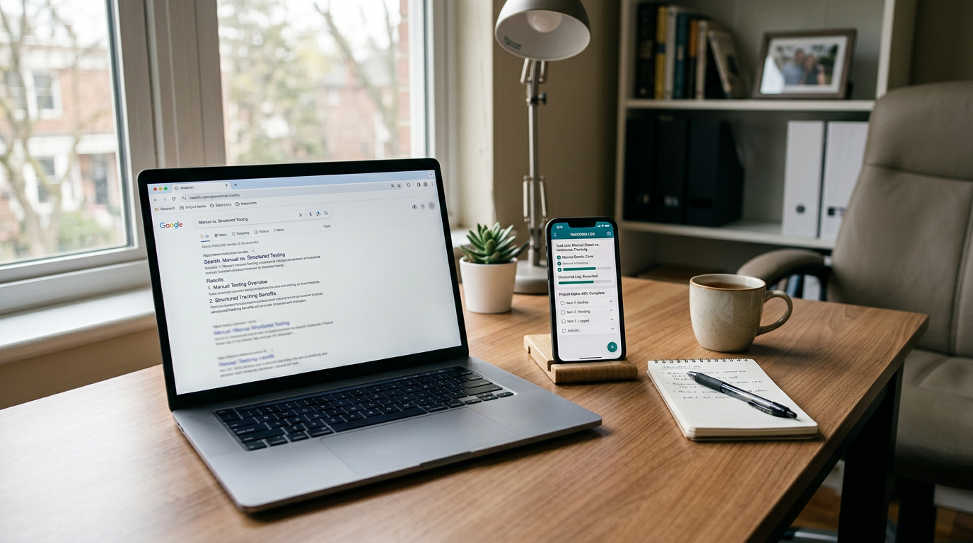 סצנת משרד ביתי אותנטית עם מחשב נייד פתוח על חלון דפדפן כללי וסמארטפון לצדו, המדג...