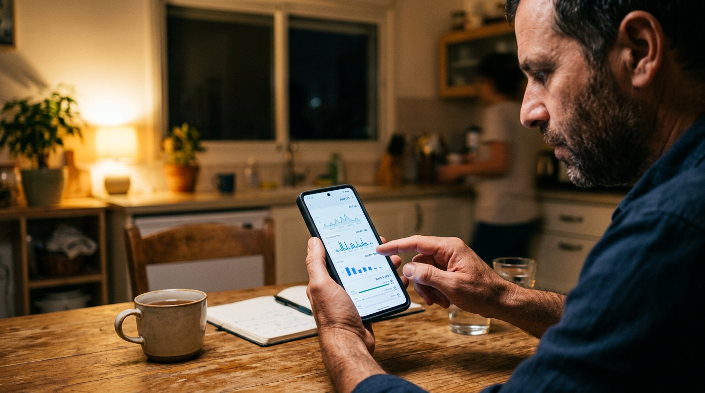 סצנה ריאליסטית של אדם הבוחן דפוסי פעילות בהודעות בסמארטפון בזמן ישיבה ליד שולחן ...