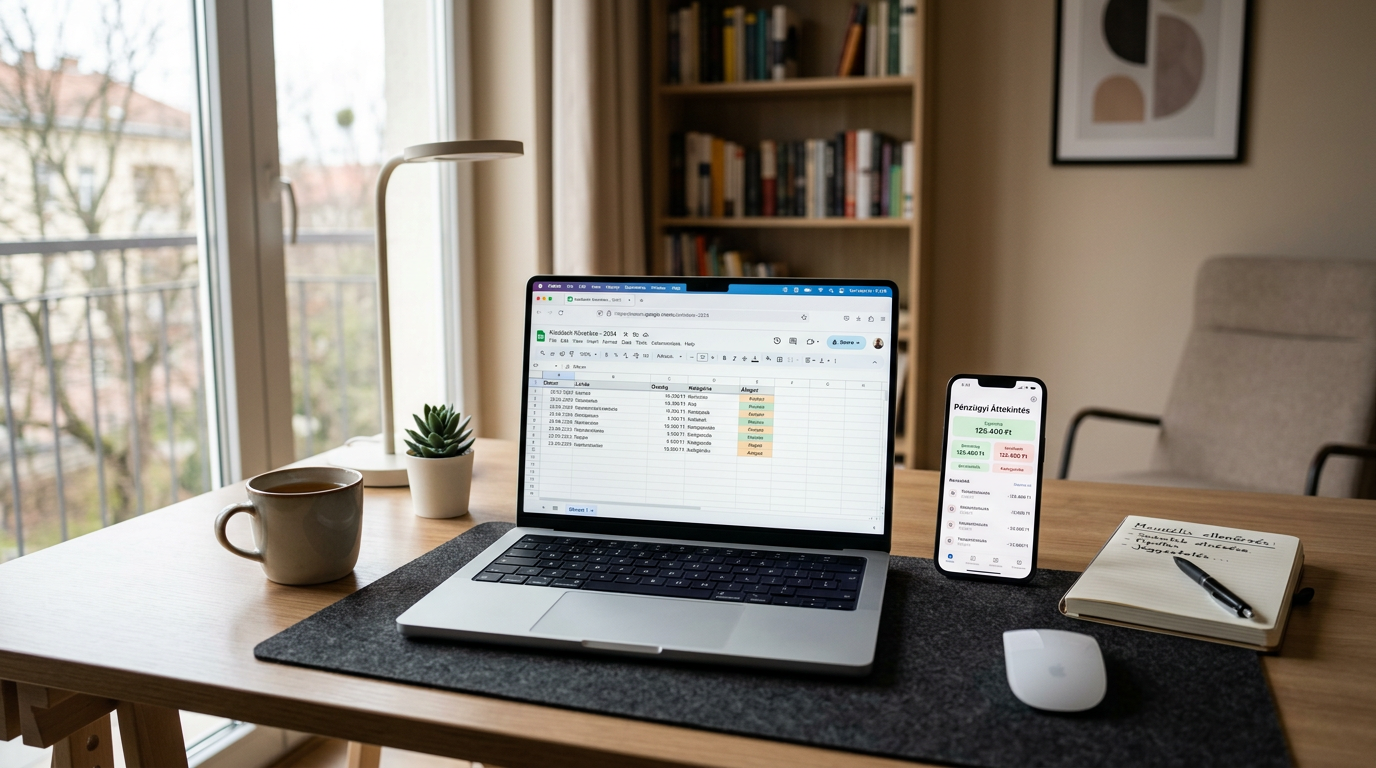 Hiteles otthoni dolgozószoba-jelenet nyitott laptoppal egy általános böngészőabl...