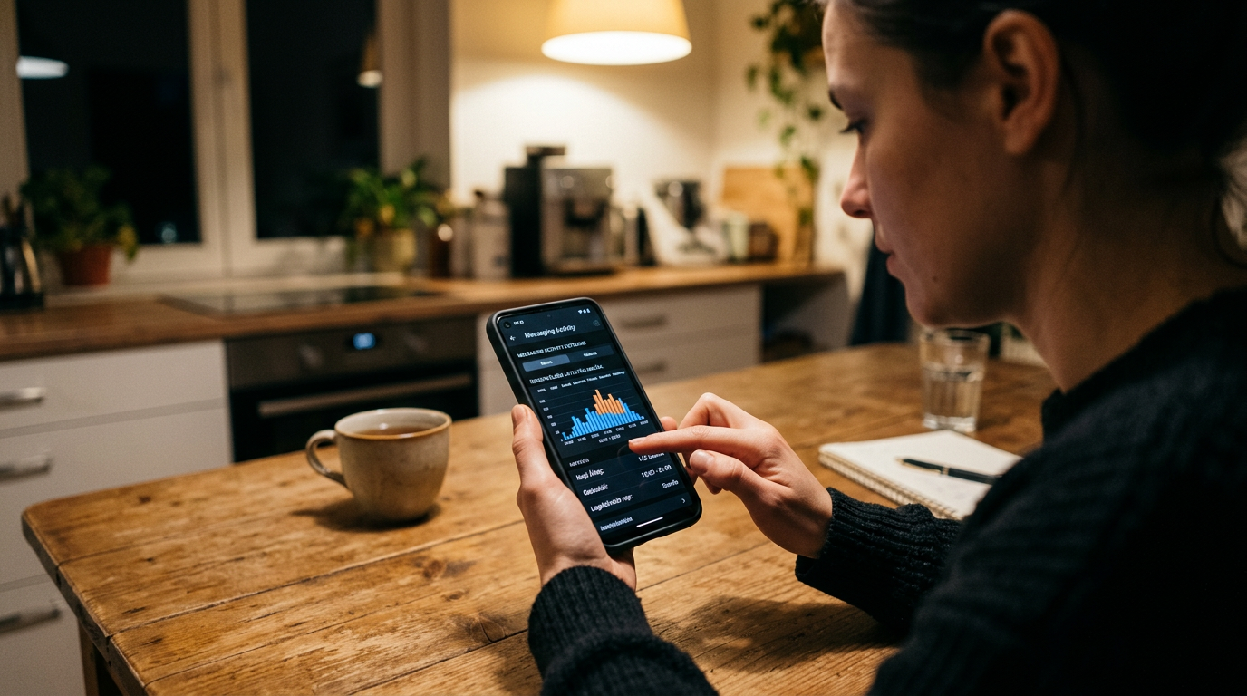 Valósághű jelenet, amelyben egy ember este a konyhaasztalnál ülve okostelefonon ...