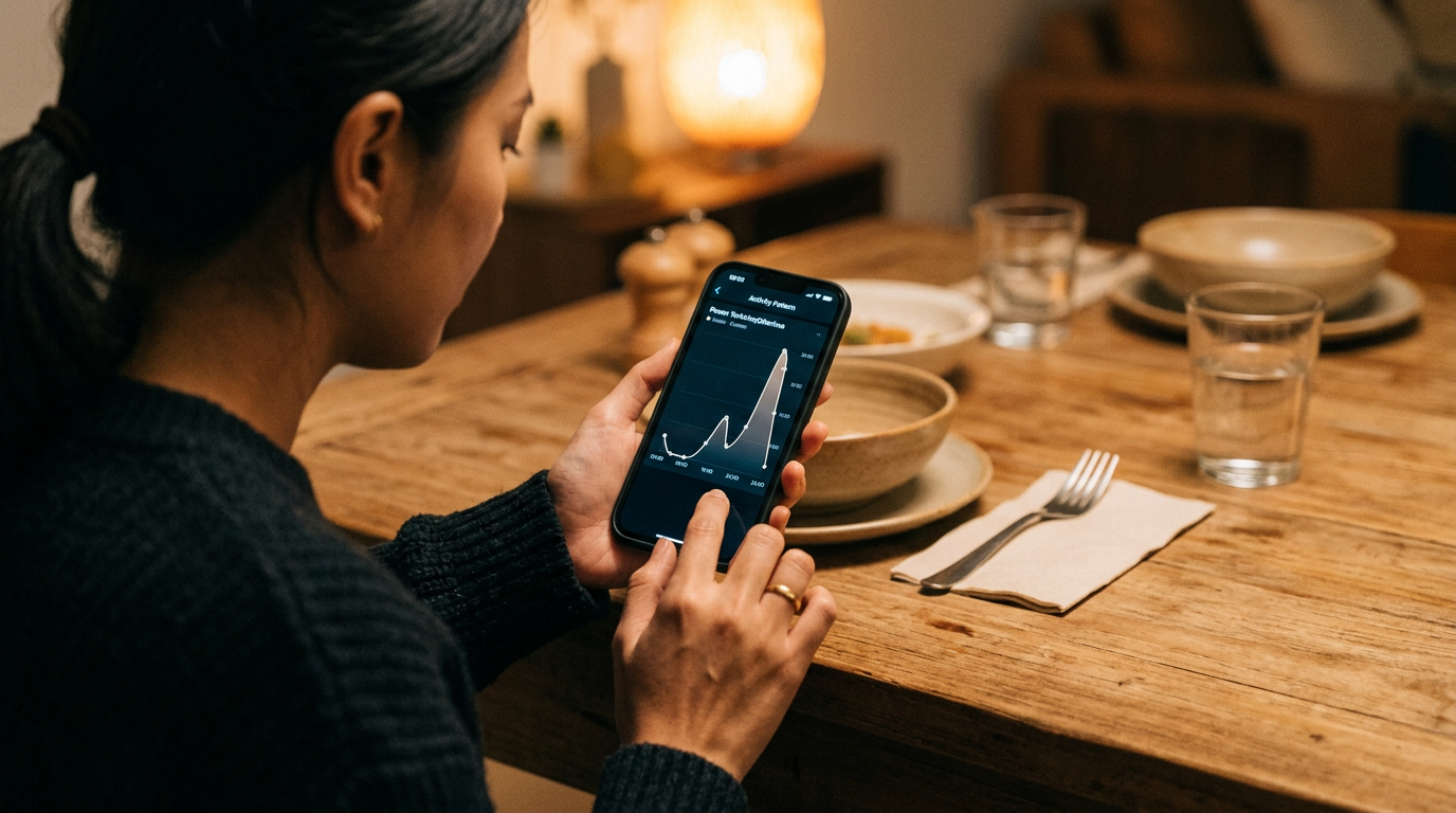 Adegan realistis seseorang meninjau pola aktivitas pesan di smartphone saat dudu...