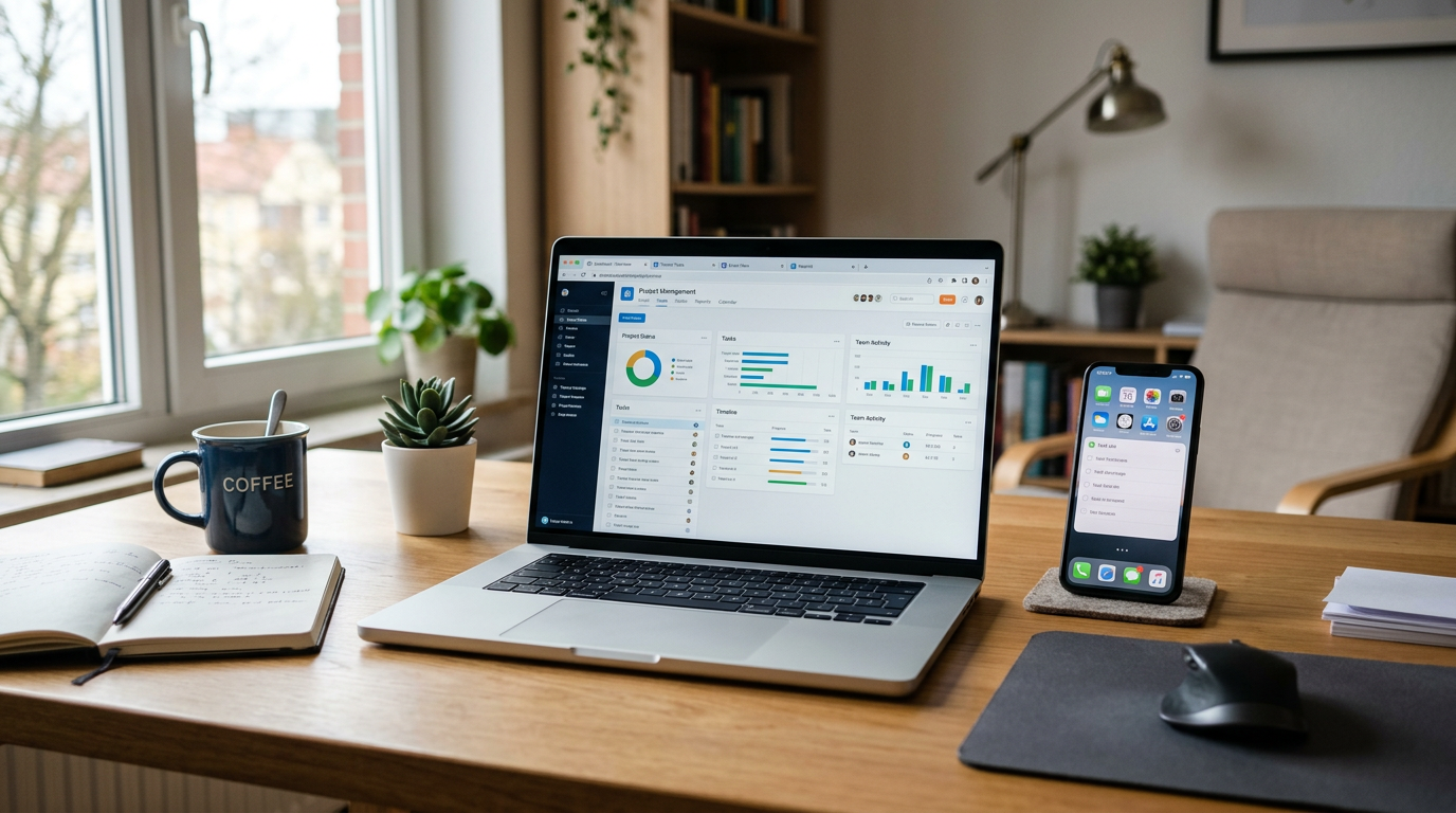 Adegan kantor rumahan yang autentik dengan laptop terbuka ke jendela browser gen...