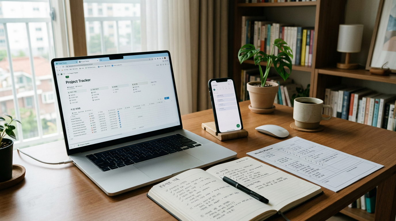 브라우저 창이 열린 노트북과 그 옆의 스마트폰이 놓인 자연스러운 한국형 홈오피스 장면. 수동 확인과 체계적인 추적의 대비를 보여주는 연출, 현실...