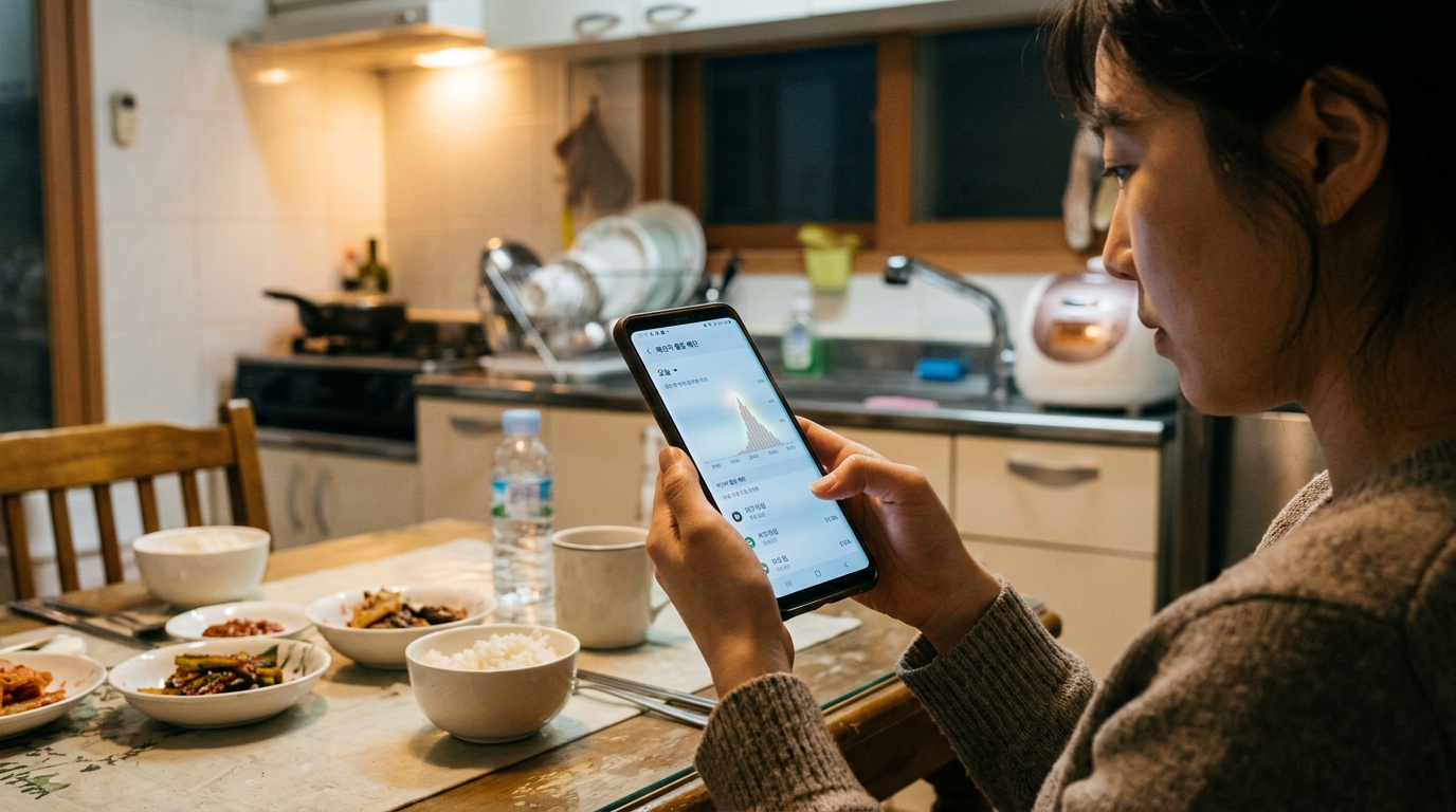 저녁 시간 한국 가정의 주방 식탁에 앉아 스마트폰으로 메신저 활동 패턴을 확인하는 현실적인 장면. 손과 기기에 초점을 맞추고, 휴대폰 전면 화면...