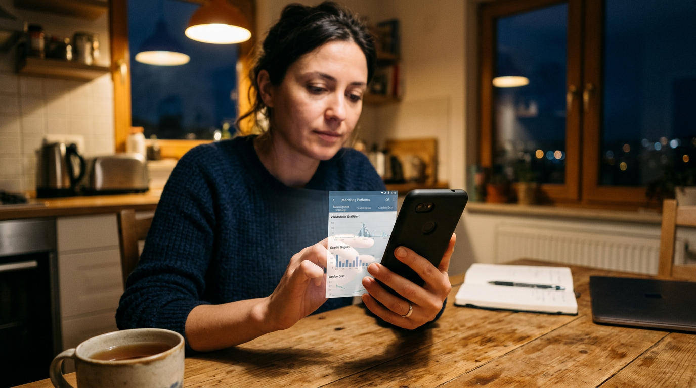 Akşam saatlerinde mutfak masasında otururken akıllı telefondan mesajlaşma etkinl...