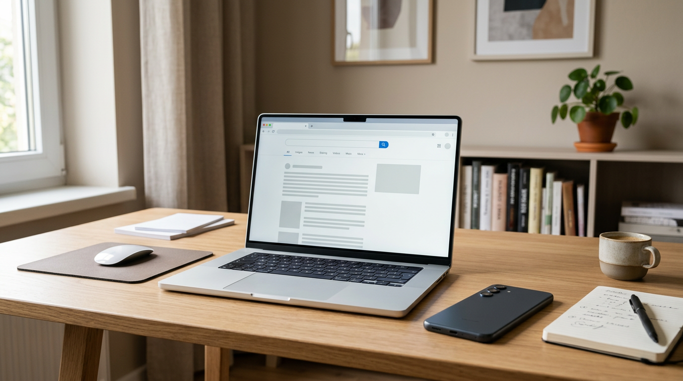 Authentieke thuiskantoorscène met een laptop open op een algemeen browservenster...