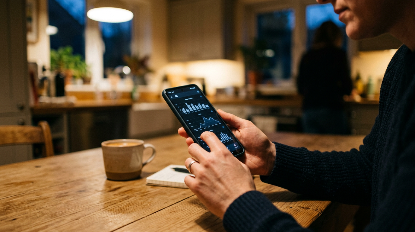 Realistische scène van een persoon die patronen in berichtenactiviteit op een sm...