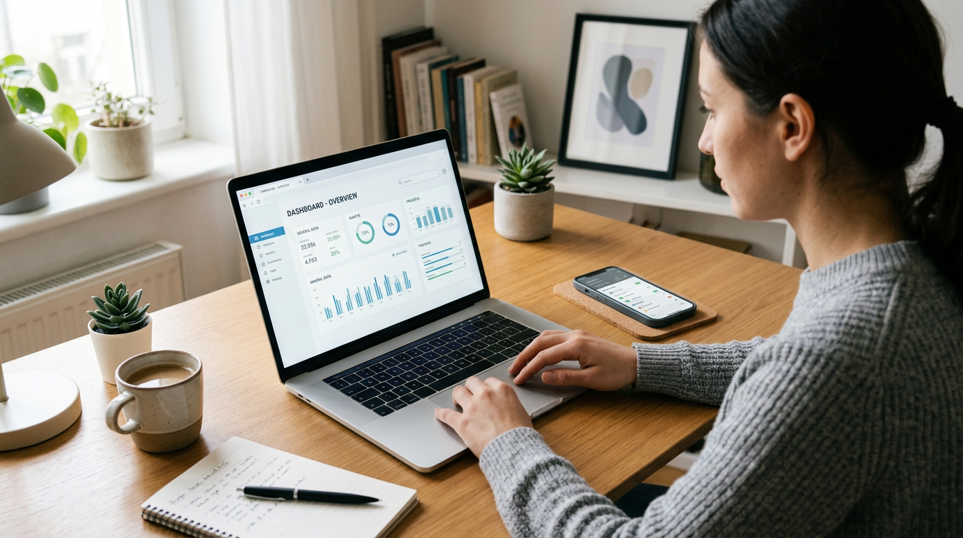 Autentisk hemmakontorsmiljö med en bärbar dator öppen mot ett generiskt webbläsa...