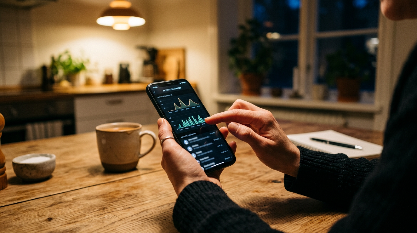 Realistisk scen där en person granskar mönster i meddelandeaktivitet på en smart...