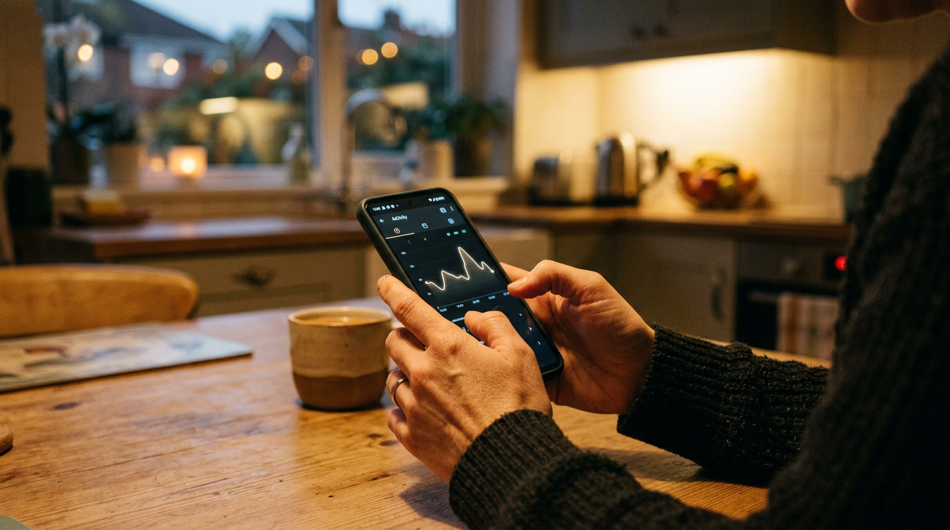 写实场景：一位用户在傍晚坐在厨房餐桌旁，通过智能手机查看消息活动规律，画面聚焦双手和设备，手机正面屏幕上可见低调的时间曲线或图表界面，暖色环境光，纪实编辑风格，...