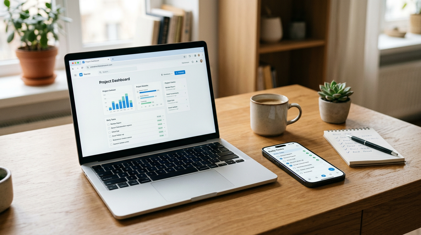 真实的家庭办公场景：笔记本电脑打开一个通用浏览器窗口，旁边放着智能手机，用来表现手动查看与有序追踪之间的对比，光线真实，桌面整洁，中性色调，无品牌标志，无文字覆...