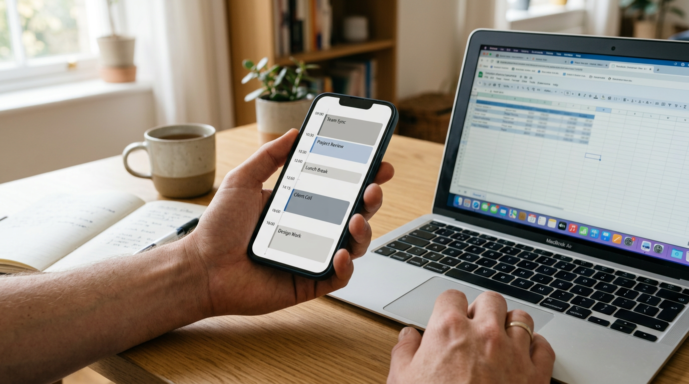 손에 든 스마트폰 화면에 일반적인 타임라인 인터페이스가 보이는 사실적인 근접 장면