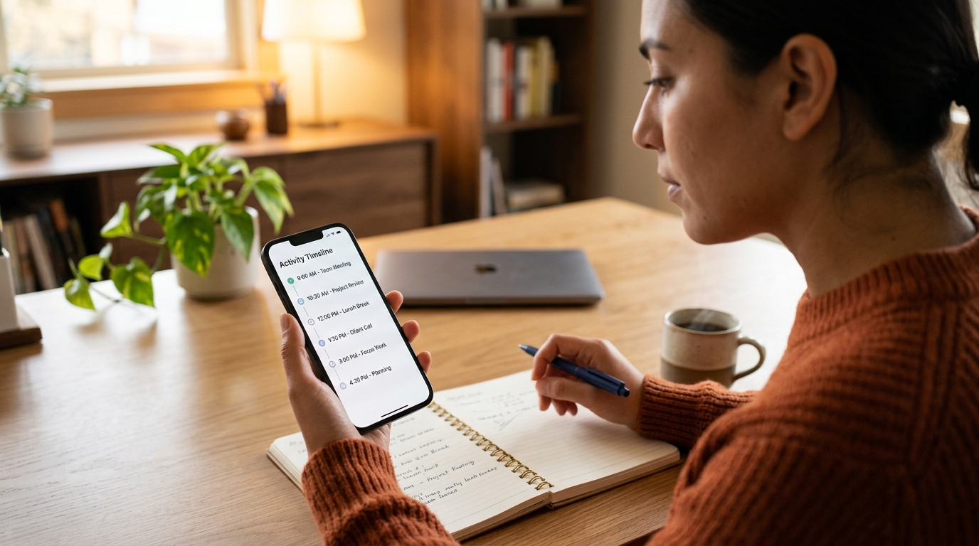 Gros plan photoréaliste d’une personne consultant une chronologie d’activité claire sur un smartphone
