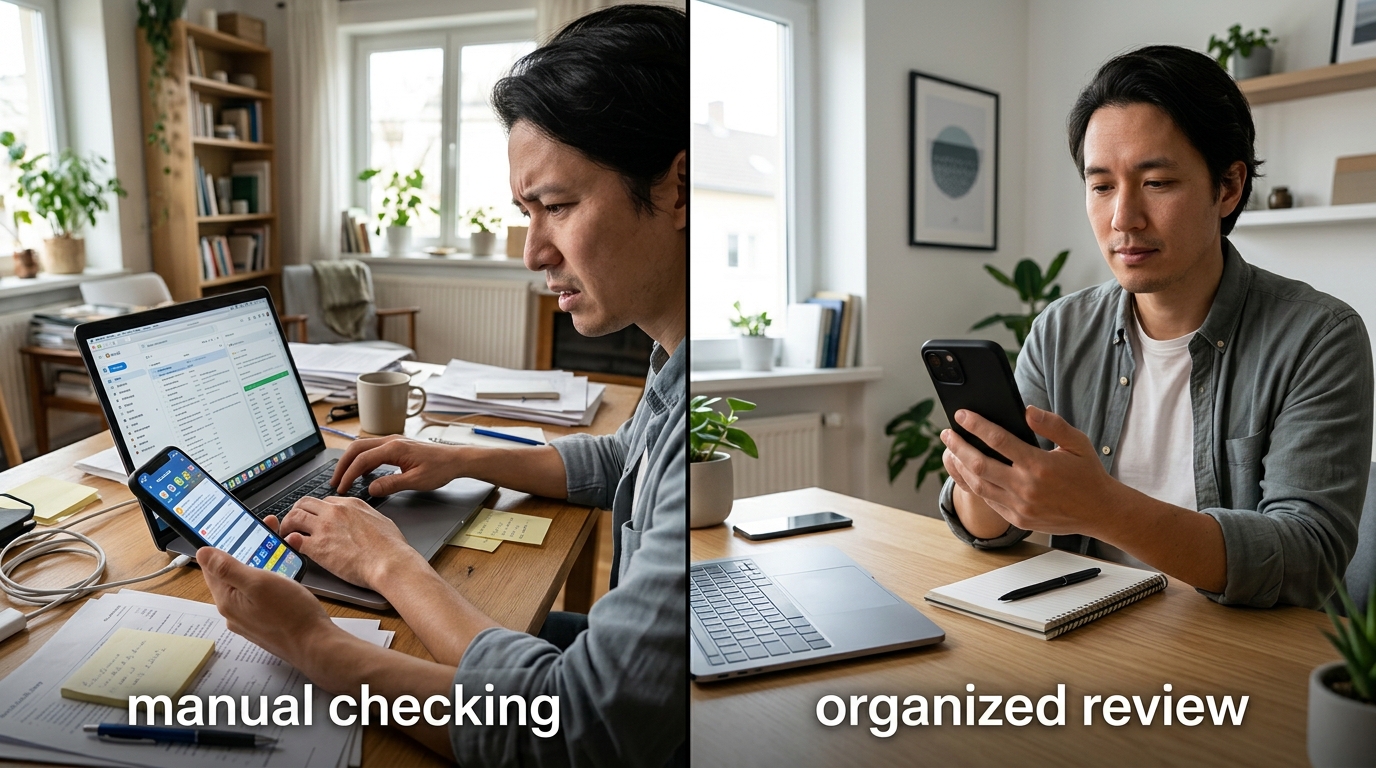 Scène réaliste divisée montrant des vérifications manuelles sur un ordinateur portable et un téléphone face à une chronologie d’activité organisée
