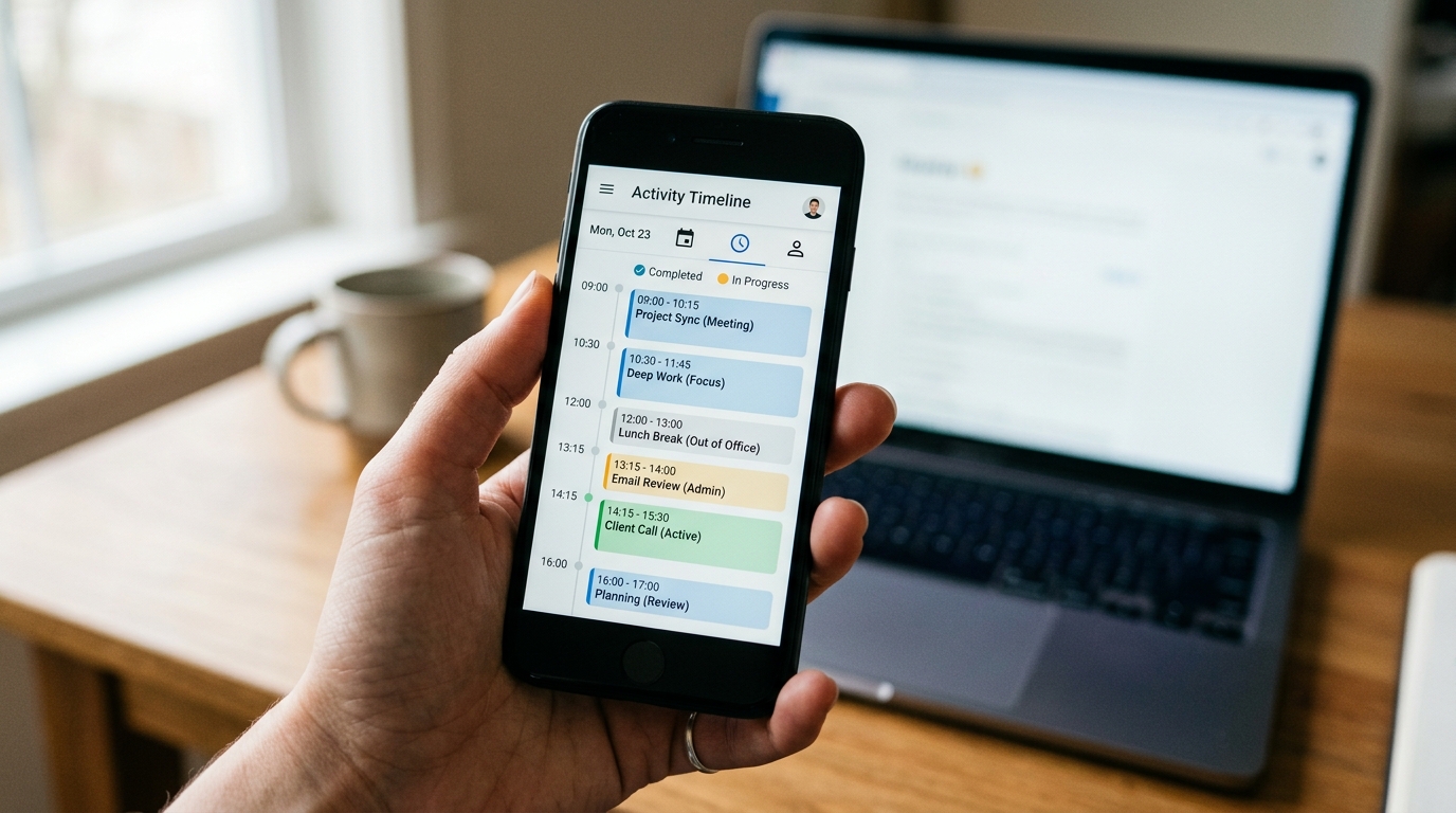 활동 타임라인이 표시된 스마트폰을 손에 든 모습을 사실적으로 담은 클로즈업